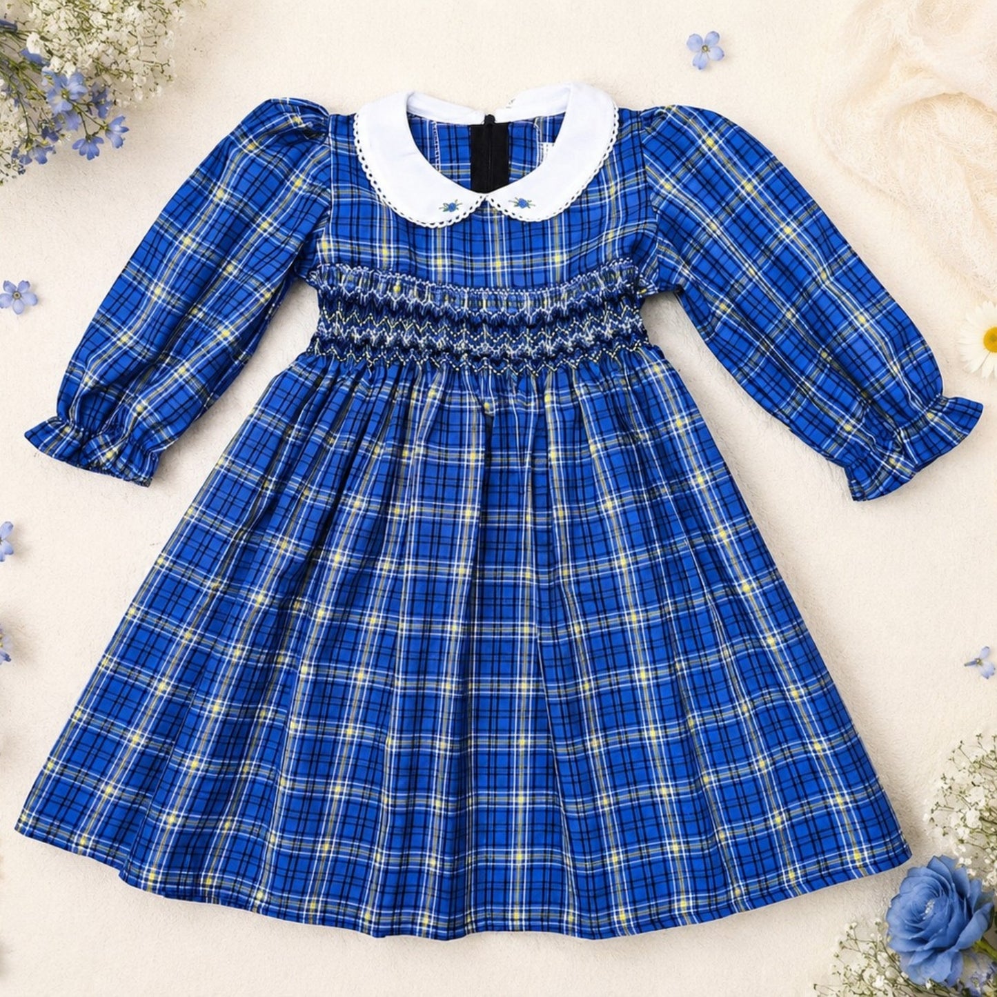 Blue Plaid Smocked Girls Dress – Long Sleeve Cotton Dress with Peter Pan Collar