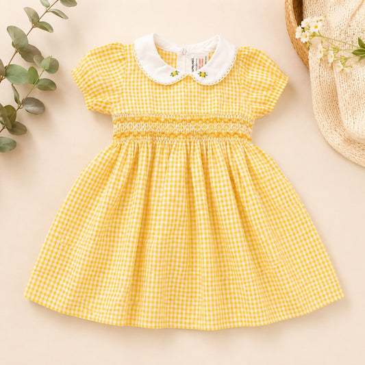 Yellow Gingham Hand Smocked Girls Dress