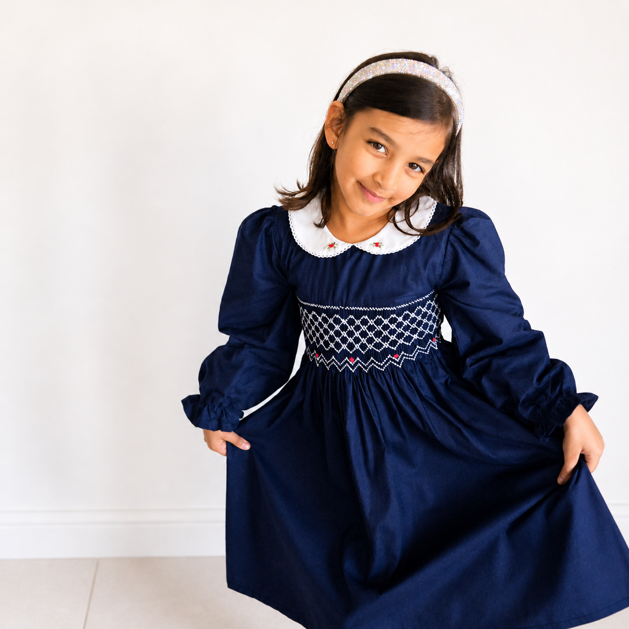 Navy Blue Smocked Girls Dress – Long Sleeve Cotton Dress with Peter Pan Collar