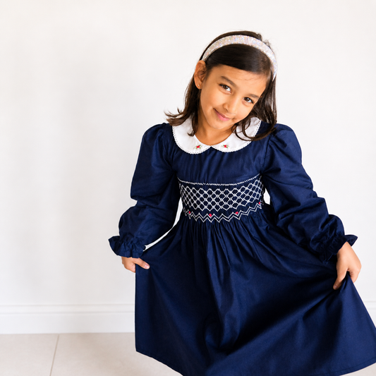 Navy Blue Smocked Girls Dress – Long Sleeve Cotton Dress with Peter Pan Collar
