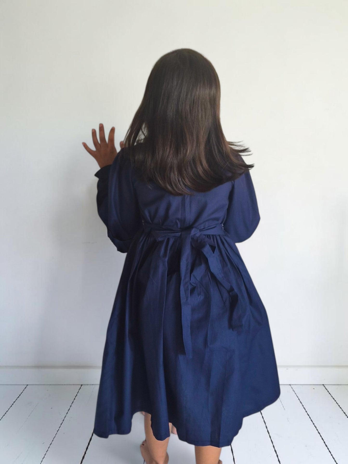 Navy Blue Smocked Girls Dress – Long Sleeve Cotton Dress with Peter Pan Collar
