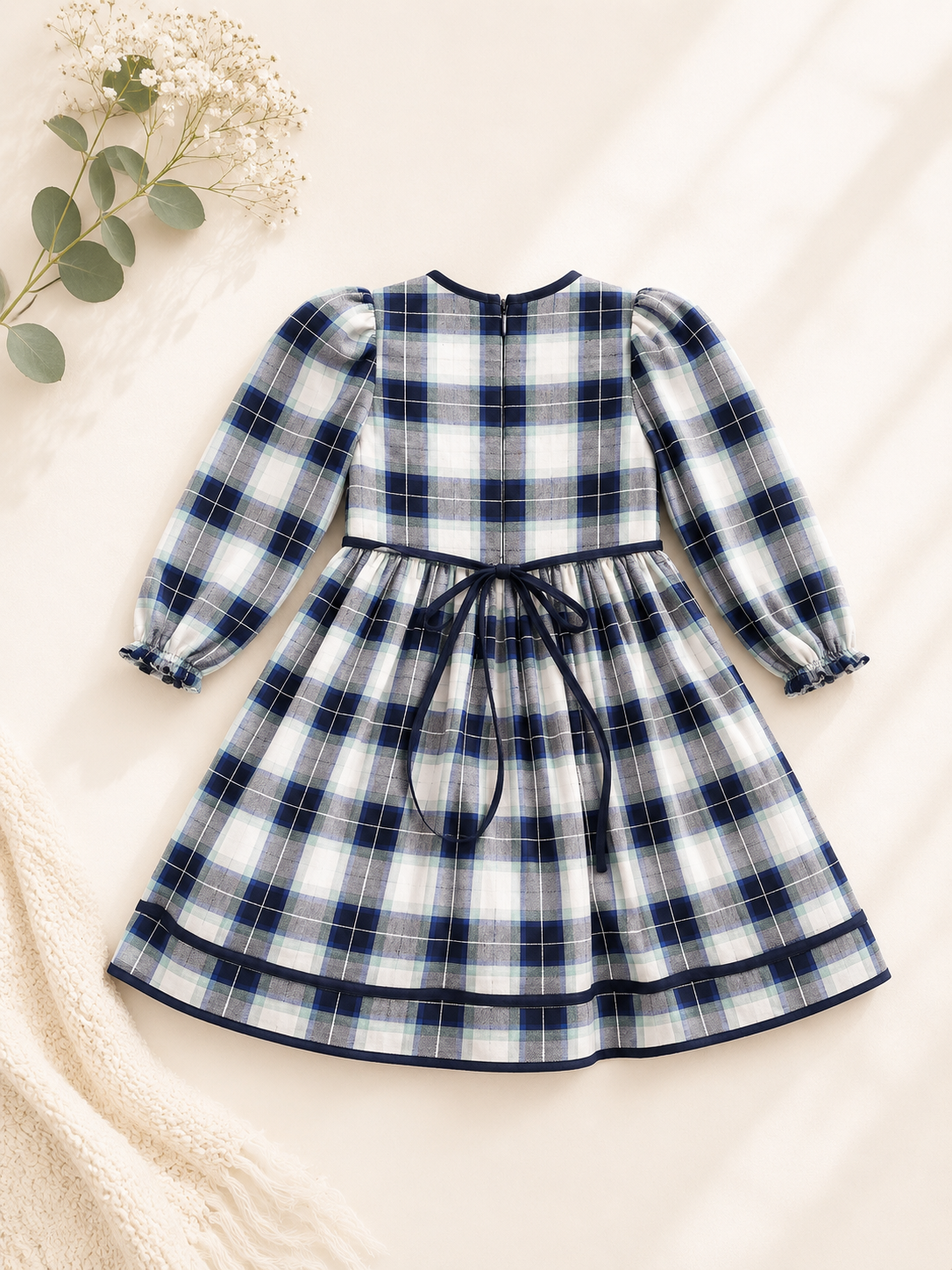 Navy Plaid Cotton Dress with Lace Detail