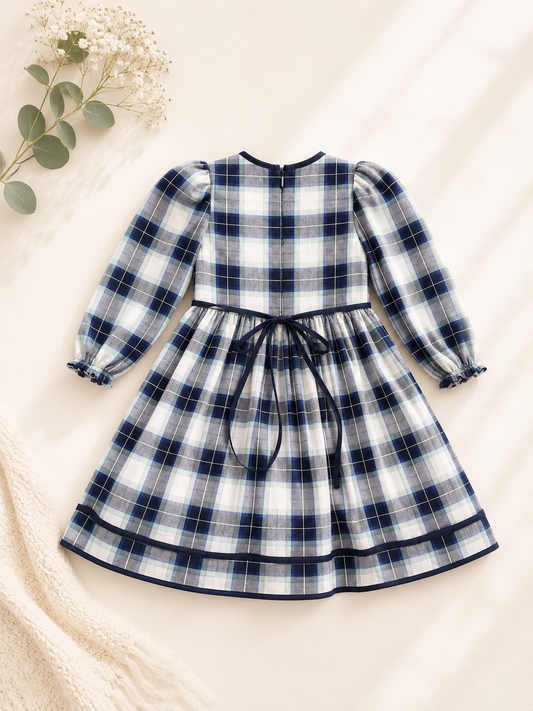 Navy Plaid Cotton Dress with Lace Detail
