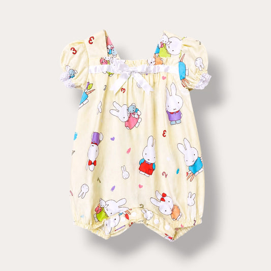 Bunny Print Baby Romper – Cotton Puff Sleeve Playsuit with Lace Detail