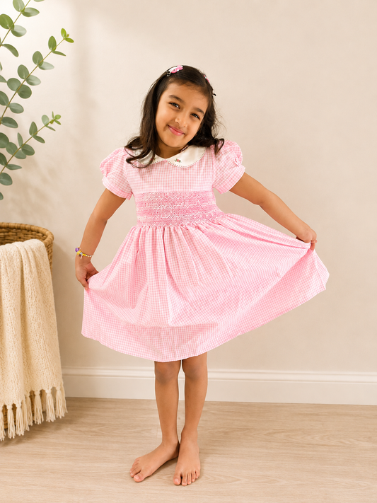 Pink Gingham Hand Smocked Girls Dress