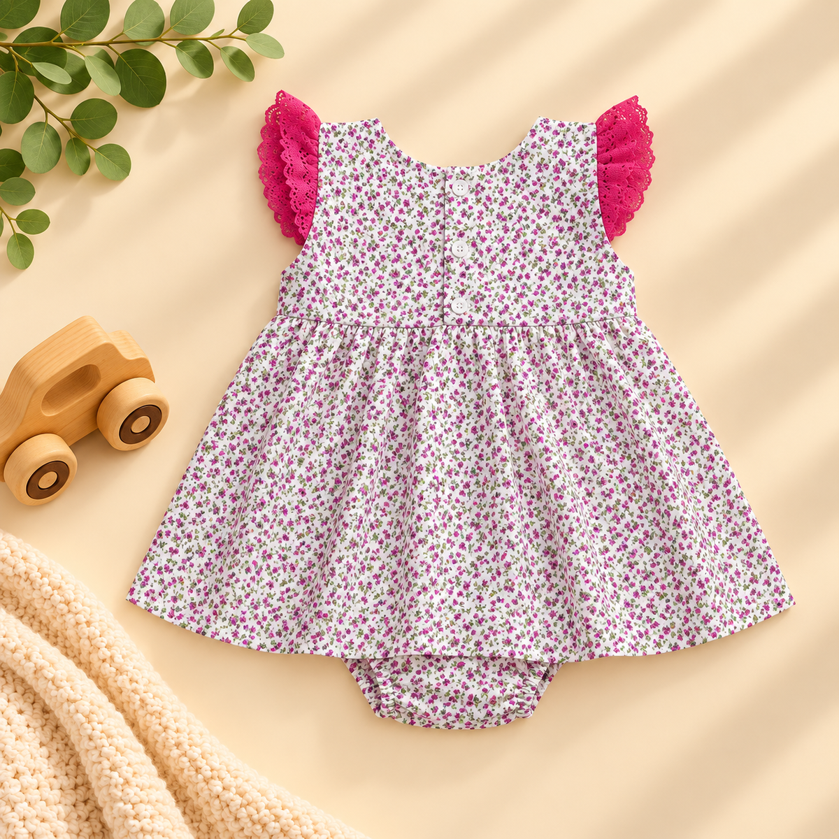 Dainty Floral 100% Cotton Baby Girls Dress Romper with Lace Sleeves