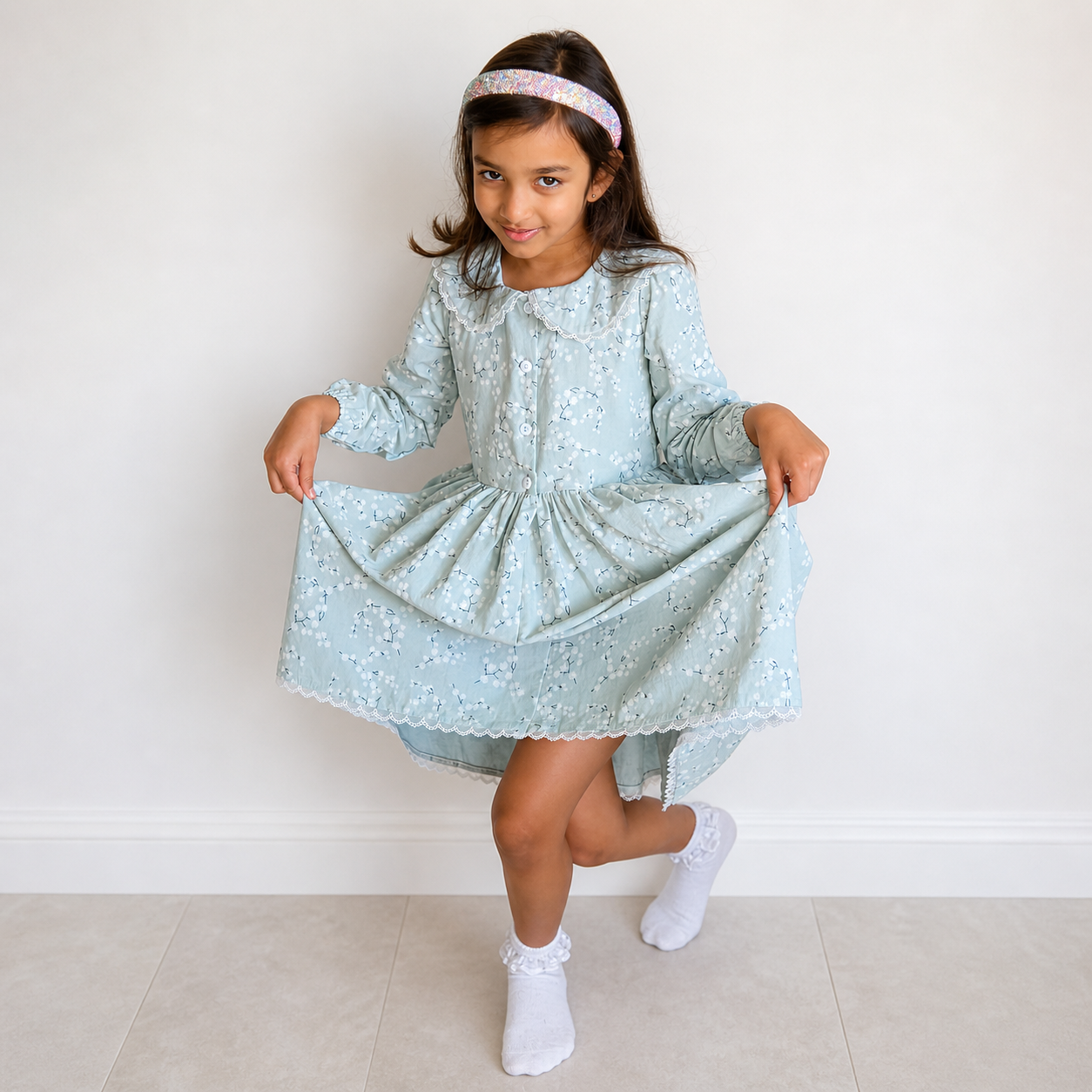 Blue Floral Girls Dress – Long Sleeve Cotton Dress with Lace Collar