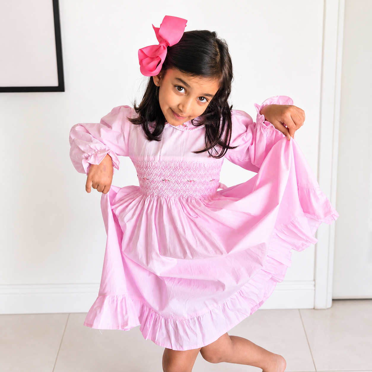 Pink Smocked Girls Dress – Long Sleeve Cotton Dress with Frill Hem