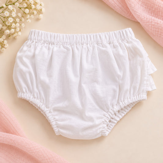 White 100% cotton baby frilly bum bloomers, back view
