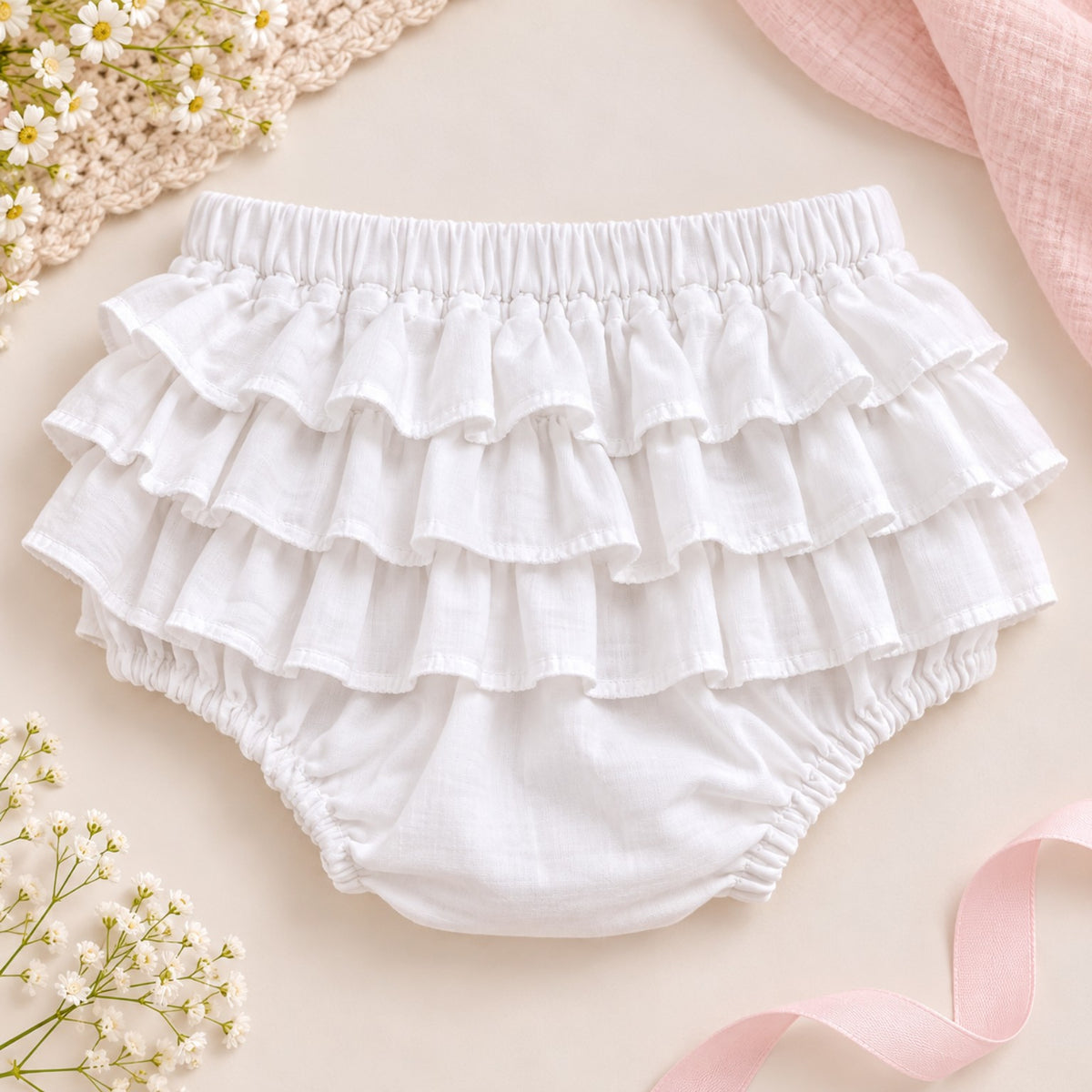 White 100% cotton baby frilly bum bloomers with three tiers of ruffles, front view