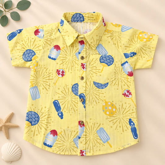 Yellow 100% cotton boys shirt with colourful fireworks and ice pop print